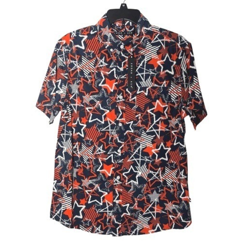 Edgar Ash Mens M Patriotic Star Casual Shirt Blue Orange White Short Sleeve